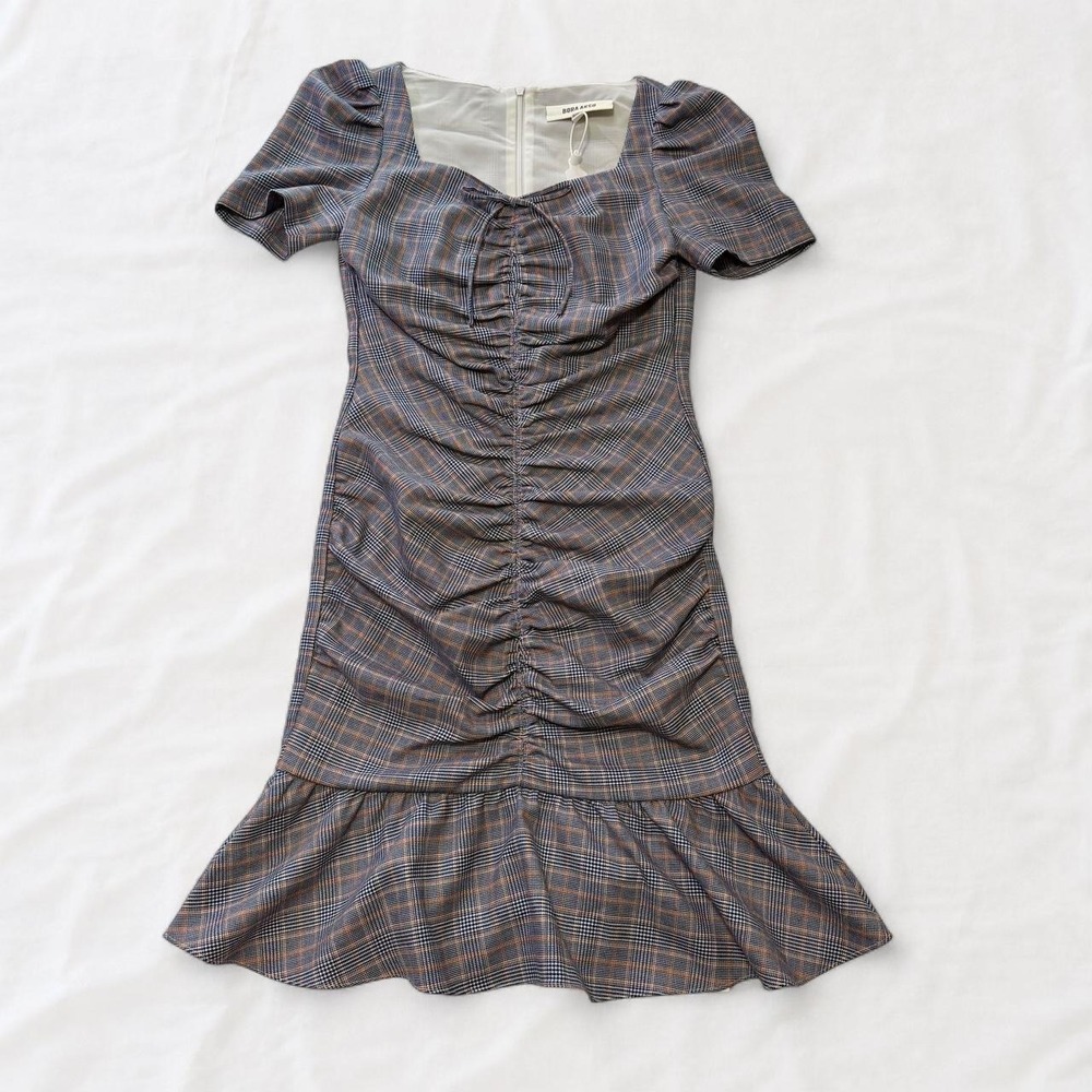 BORA AKSU Plaid Ruched Dress Navy Blue Ivory Rust Square Neck Puff Sleeve EU 36